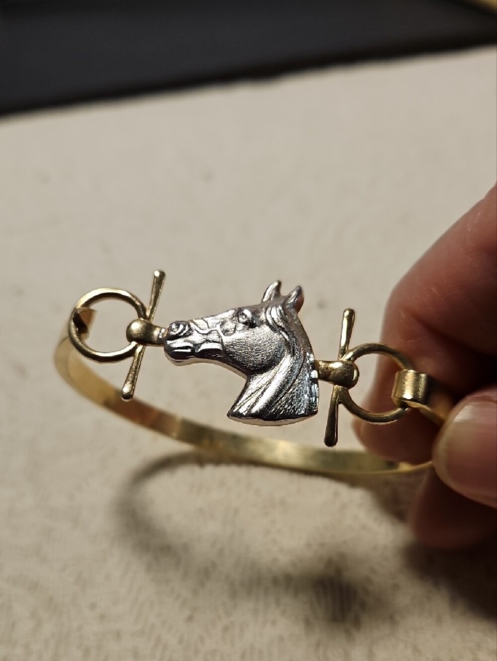Gold and Silver Horse Head Bangle Bracelet - Elegant Womens Jewelry - Picture 2 of 5